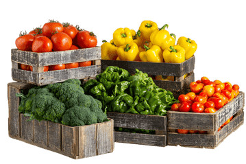 Fresh organic vegetables in wooden crates.