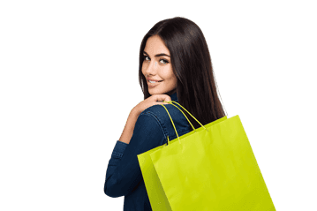 Smiling woman with shopping bags on black background.
