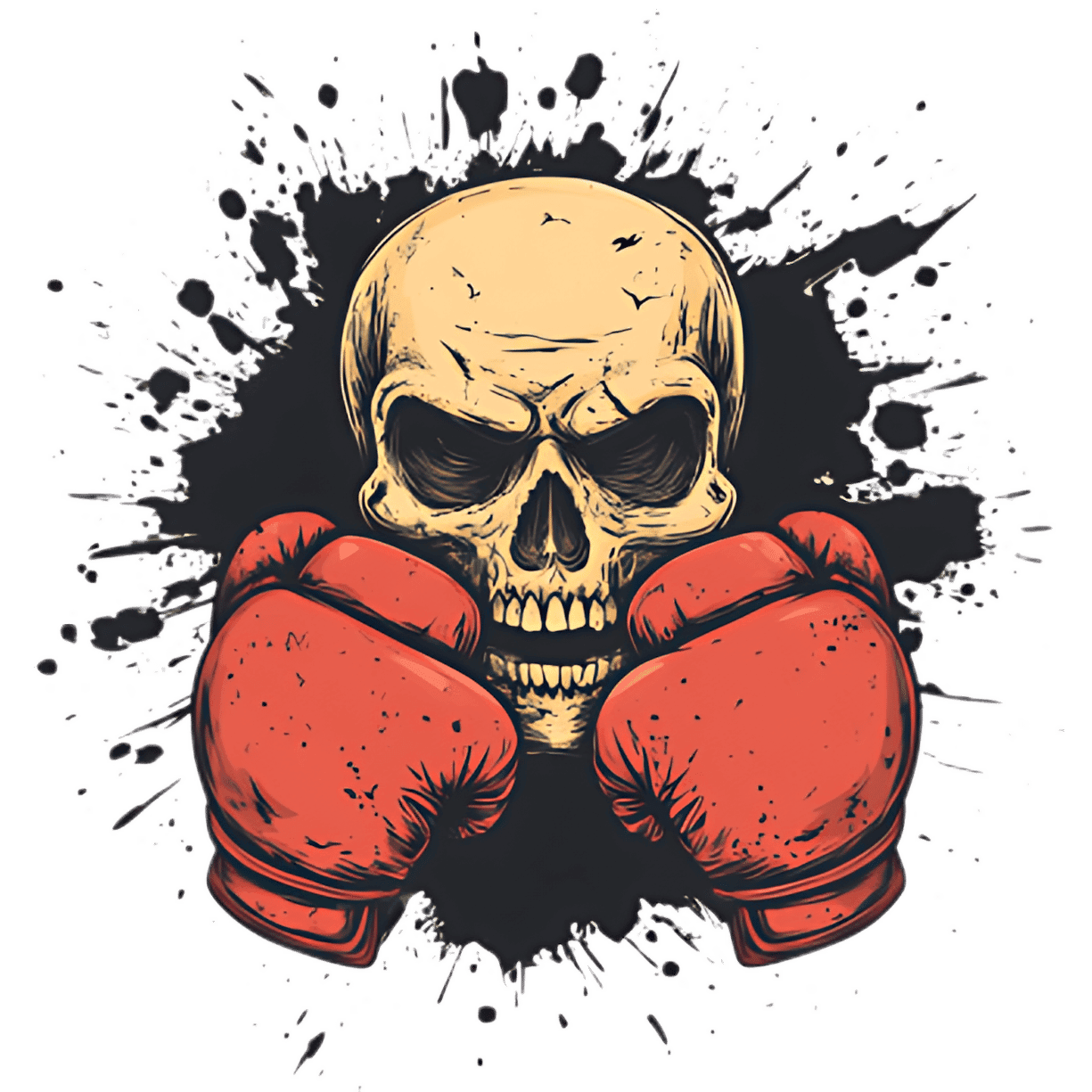 Skull with boxing gloves breaking through a wall