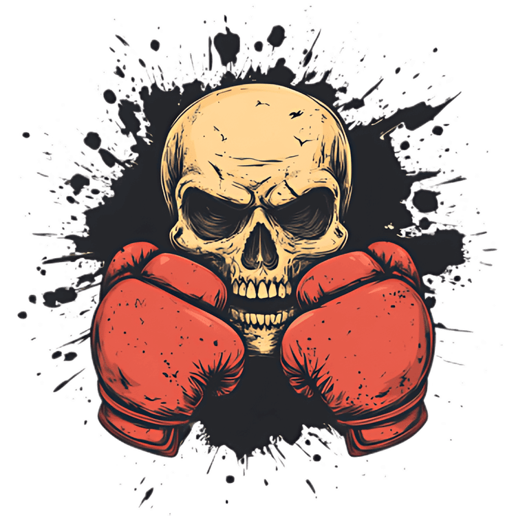 Skull with boxing gloves breaking through a wall