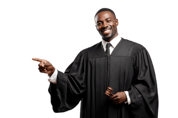 African American judge pointing right, legal advice, courtroom, justice system