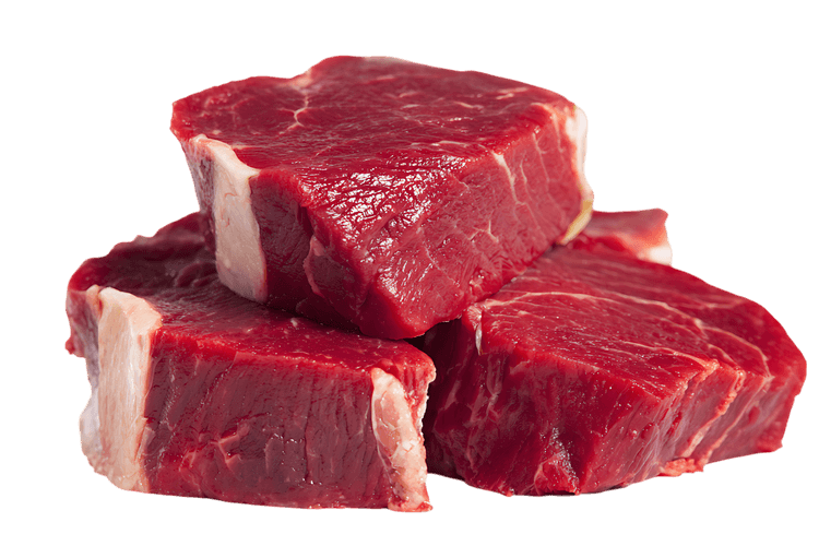 Close up of three raw beef steaks, ready for cooking.