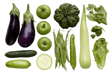 Assortment of fresh green and purple vegetables and fruits.