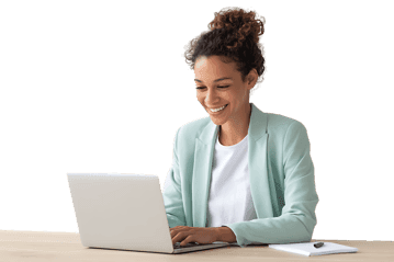 Smiling businesswoman working on laptop350