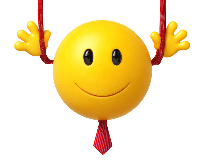 Smiling yellow emoji with hands and red tie