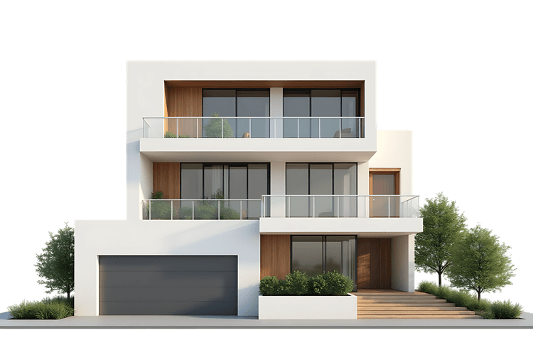 Modern white house with glass railings and wooden accents