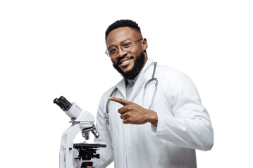 Smiling Black Male Doctor points to microscope