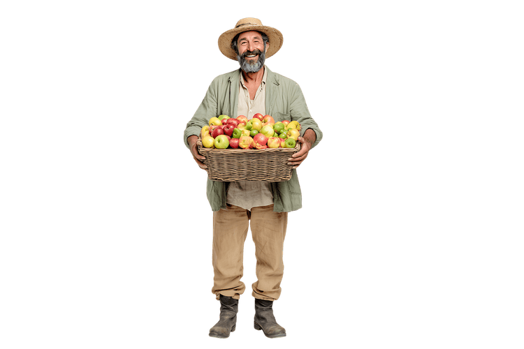 Farmer holding a basket of fresh fruit.