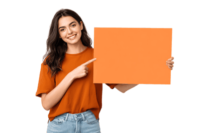 Happy young woman presenting blank orange sign.  Perfect for advertisement.