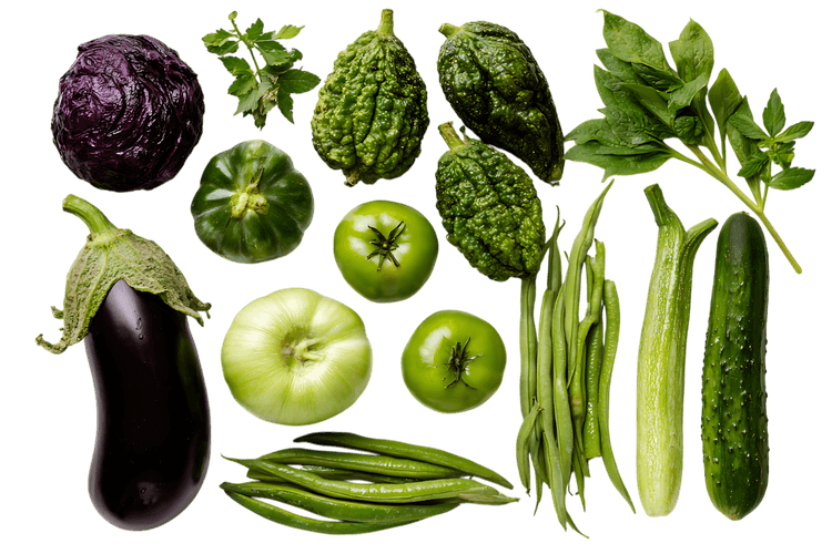 Assortment of fresh green vegetables and fruits.