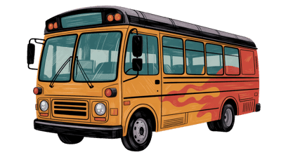 Vintage yellow school bus with flames illustration