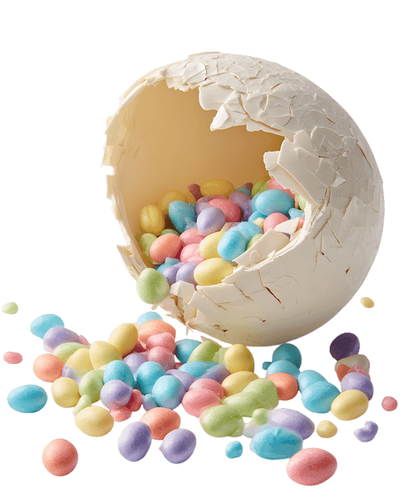 Pastel candies spill from a cracked egg.