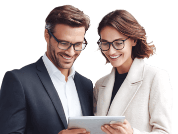 Smiling business people using tablet, teamwork and success.