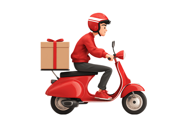 Cartoon delivery man on a scooter with a gift box