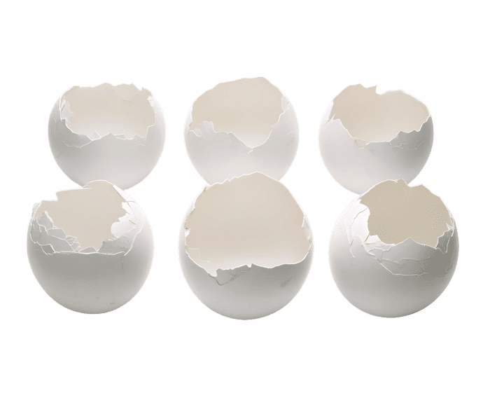 Three pairs of broken eggshells.