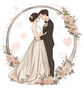 Elegant bride and groom embracing, surrounded by hearts and flowers.