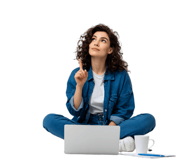 Woman has an idea while working on laptop, isolated on black.