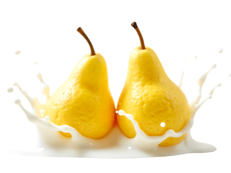 Two yellow pears with milk splash, food photography