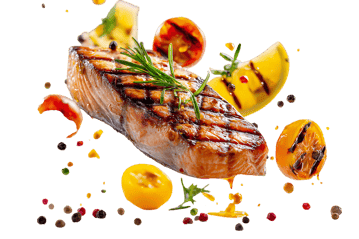 Delicious grilled salmon with herbs and vegetables.