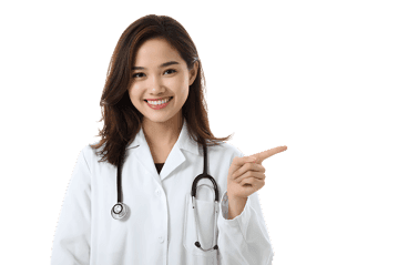 Smiling female doctor points to the right.