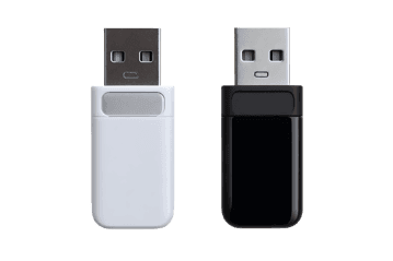 Two USB flash drives, one black, one white.  Data storage concept.
