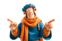 Cartoon man pointing with both hands, cheerful and smiling