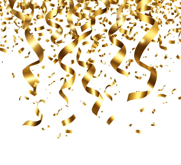Golden confetti and ribbons falling on black background