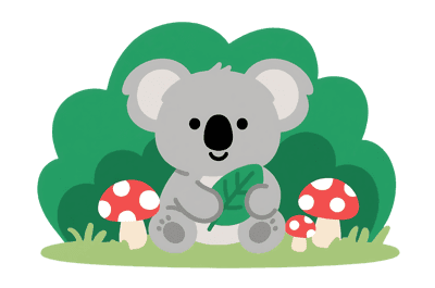 Cute cartoon koala with leaf and mushrooms