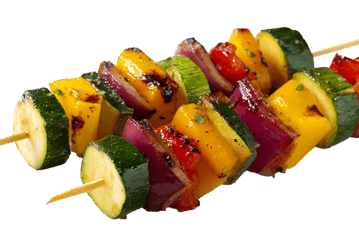 Grilled vegetable skewers with peppers, zucchini, and onions.