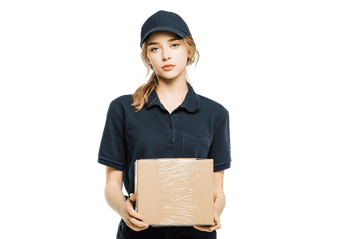Young delivery woman holding a cardboard box.  E commerce, shipping, logistics concept.