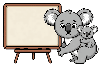 Sad koala bear with baby and blank whiteboard cartoon