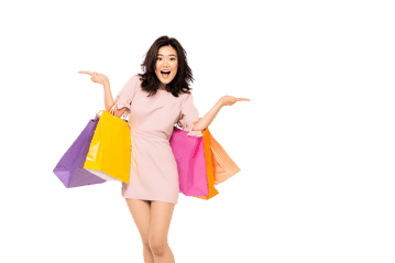 Excited woman with shopping bags, showing off purchases.