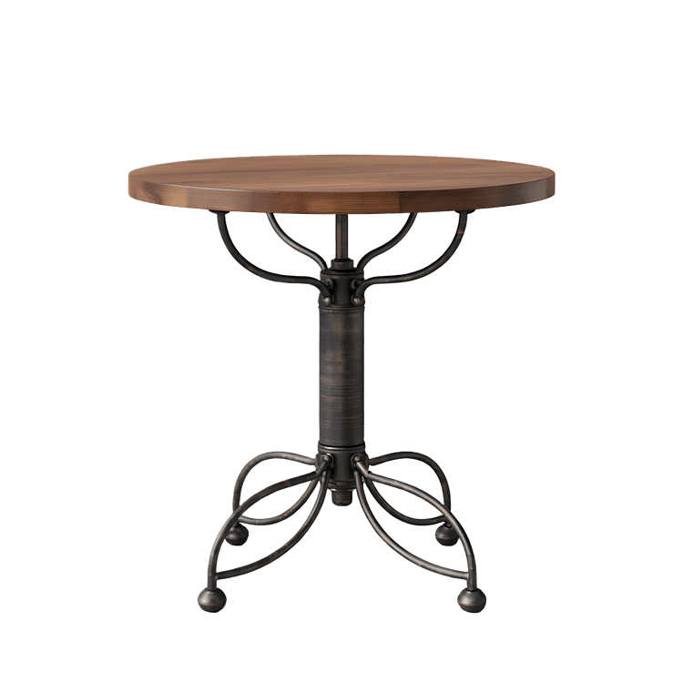 Round wooden table with metal base, isolated on white.