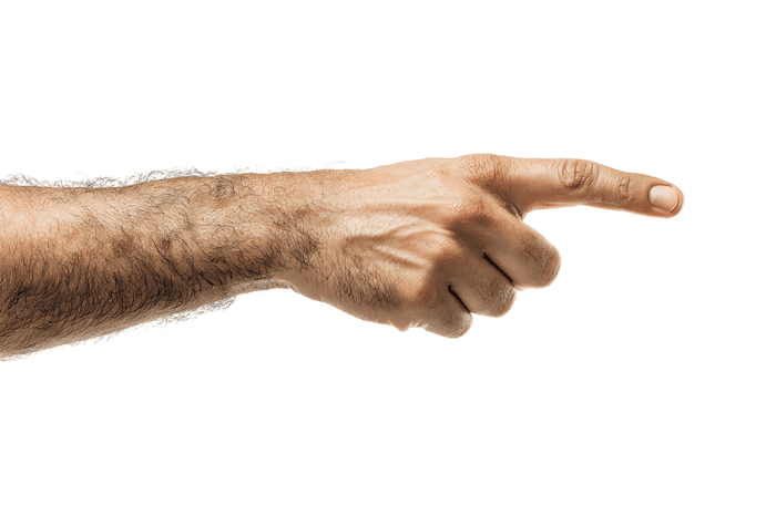 Close up of a male hand pointing right.