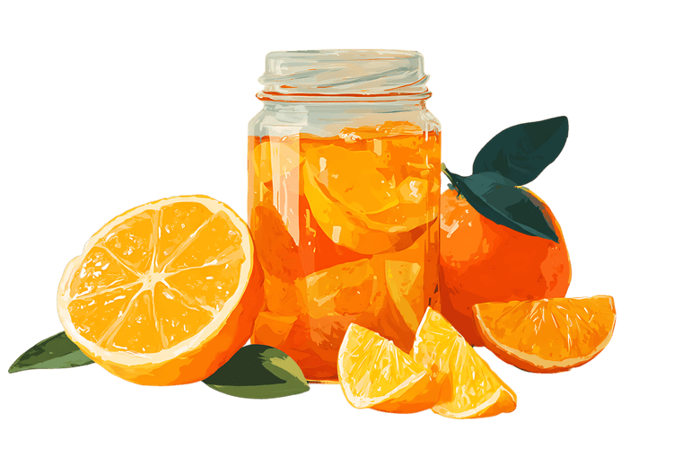 Orange marmalade in a glass jar with fresh oranges.