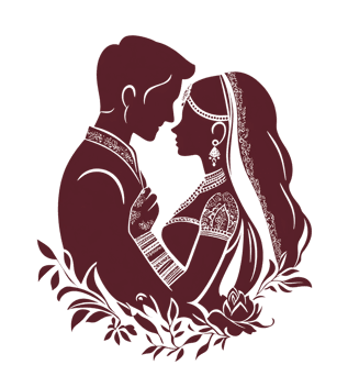 Romantic silhouette of a bride and groom in traditional Indian attire.