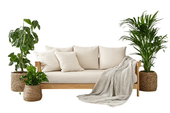 Comfortable sofa with pillows and blanket