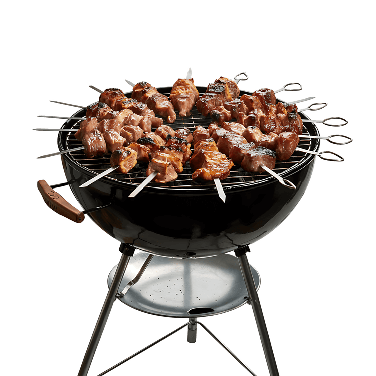 Delicious BBQ skewers grilling on a charcoal grill.