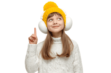 Smiling girl having a bright idea, pointing up.