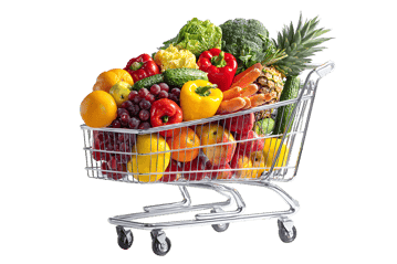 Grocery cart overflowing with colorful fruits and vegetables.
