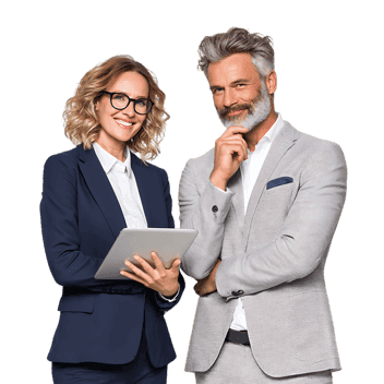 Confident business colleagues review project.