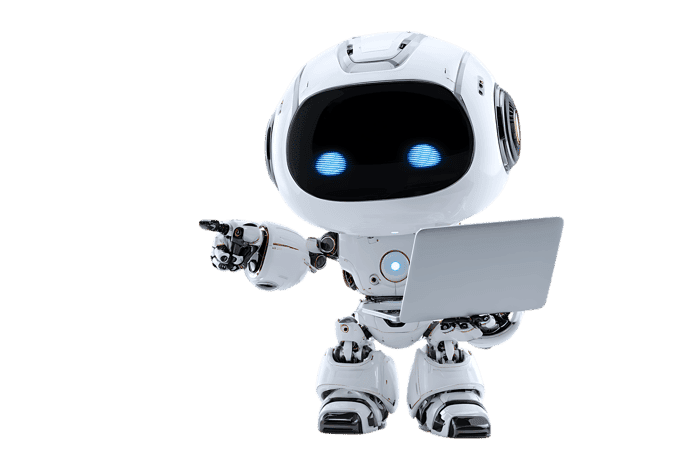 Friendly robot assistant pointing and holding laptop.