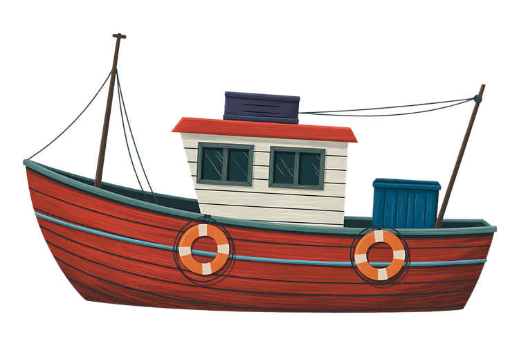Cartoon illustration of a fishing boat with life preservers
