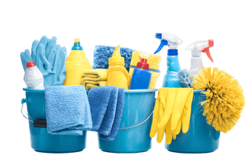 Assortment of cleaning products in blue buckets.