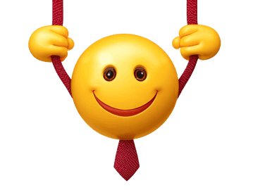 Happy emoji with hands holding ropes and wearing a tie