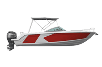 Modern motorboat with red accents for recreation and watersports
