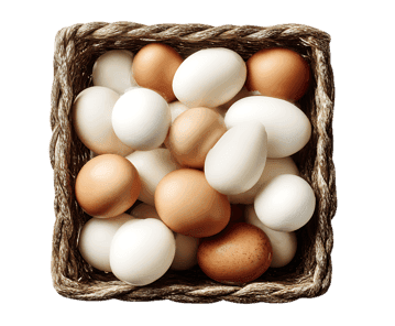 A basket full of brown and white eggs.