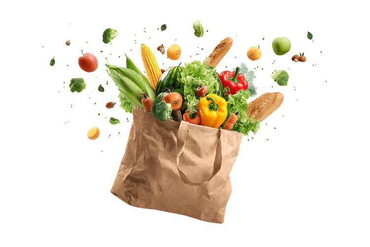 Paper bag overflowing with fresh produce and bread.
