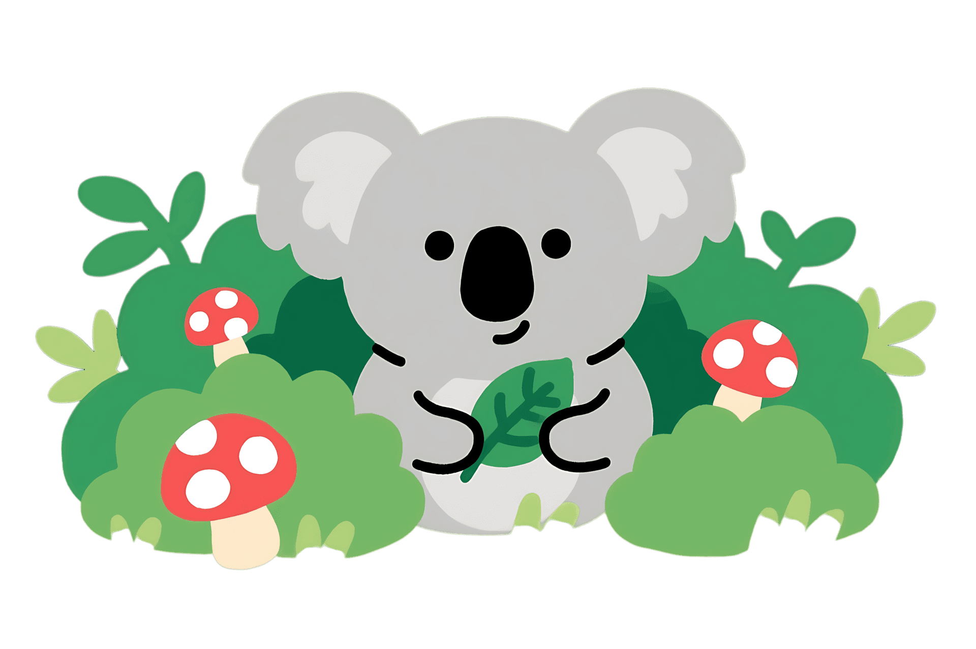 Cartoon koala with leaf and mushrooms