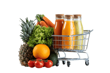 Shopping cart filled with fresh fruits, vegetables, and healthy juices.